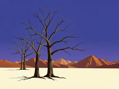Dead bare-branched tree stands skeletal on a cream salt edge under a deep lapis 