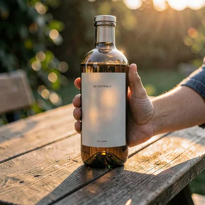 Bottle held loosely by a hand at a wooden trestle table, sundown glow on the lab