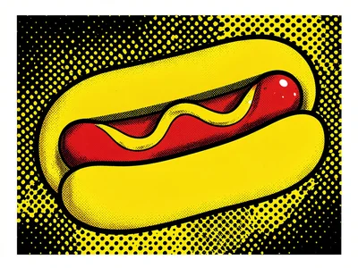 Hot dog in a bun, bright mustard yellow, flat red condiment, halftone ground
