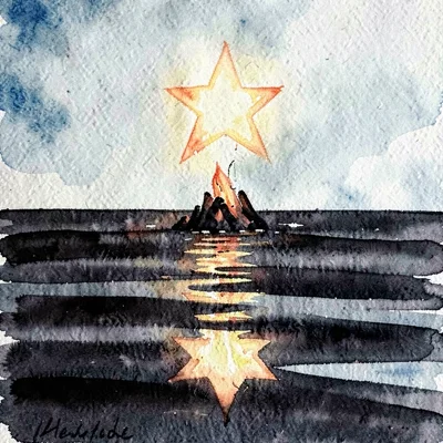 The Star as a single bright cinder hovering above a dark tide, painterly pinpoin