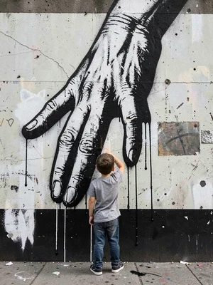 Small child looking up at an enormous stencilled adult hand reaching down from a