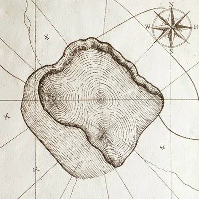 Hand-drawn nautical chart of a small cove with hatched depth marks and a compass