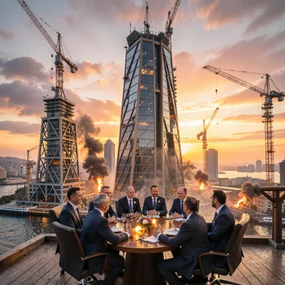Oil-baron nouveau meeting Flame Tower modernity in windy Baku, Caspian sunrise t