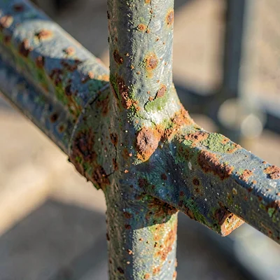 Mineralcut detail of a corroded steel scaffold joint with patina, hard cross-lig