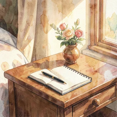 Warm illustration of a bedside table with journal, pen and small bouquet, sun-wa