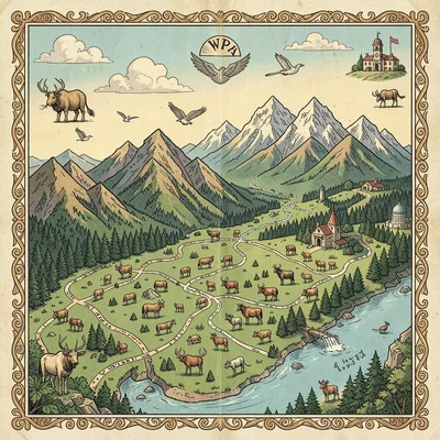 Illustrated map illustration, National park with trails, wildlife, and mountain 