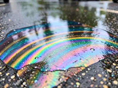Oil slick on wet parking lot after summer rain, prismatic colors