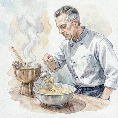 Documentary photo of a chef ladling broth into a bowl, steam billowing