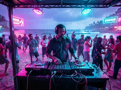 DJ booth at beach party, neon lighting, crowd dancing, ocean behind