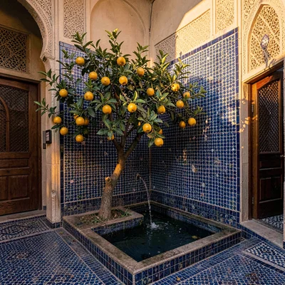 inside a Tunisian medina riad at golden hour, deep blue zellige glowing, a small