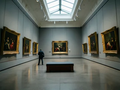 A gallery of old master paintings, gilded frames, a bench in the center, a singl