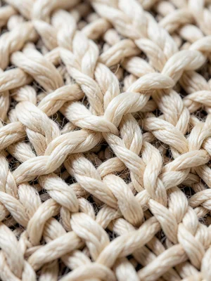 Hand-knit cable stitch closeup, twisted rope pattern in chunky cream wool, dimen