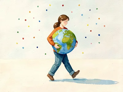 Cradling a paper-cut globe in both arms, a figure walks slowly across a cream ho