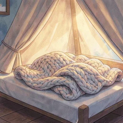 Close-up of a knit blanket pile on a canvas cot with the tent flap glowing amber