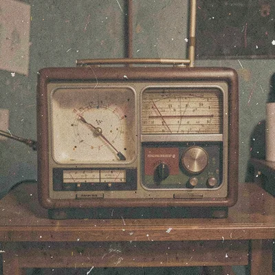 Grainy digital illustration, old radio playing music , film grain texture overla
