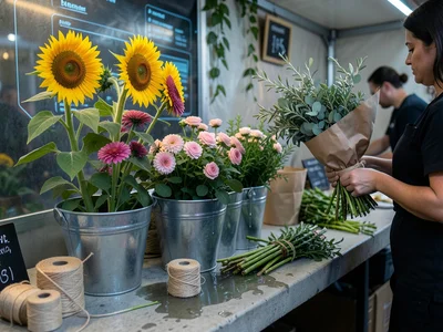 A flower farmer's market stall, metal buckets lining the front filled with seaso