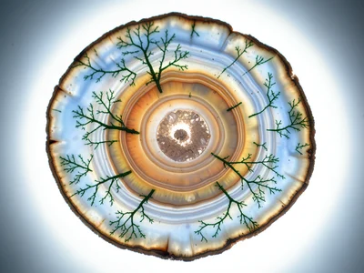 Moss agate translucent slice, green chlorite dendrite inclusions branching like 