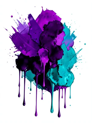 Ink drops dissolving in water, deep purple and teal against white background