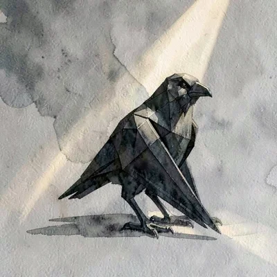 Hollow obsidian lowpoly raven perched with wings folded, sharp dark planes catch