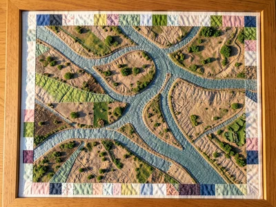 Satellite-style view of river delta in spring flood, braided water channels