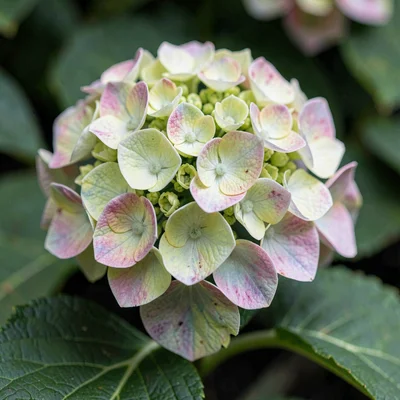 Botanical study of a hydrangea blossom in mid-season color shift