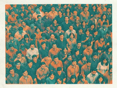 A crowd of people seen from above in teal and orange riso, individuals blending 