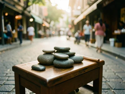 Massage stones arranged on spa table, warm lighting, zen atmosphere