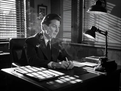 Detective's office, venetian blind shadows striping across desk, cigarette smoke
