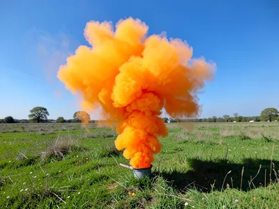 Smoke bomb in open field, vibrant orange cloud against blue sky and green grass