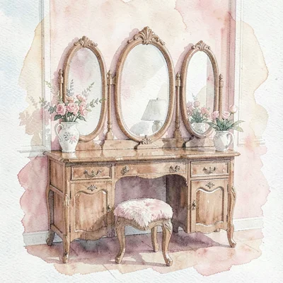 Watercolor of a vintage dressing table with a triple mirror, soft pinks and crea
