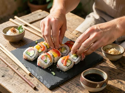 Hands arranging colorful sushi rolls on a slate board, chopsticks and soy sauce 