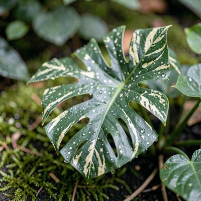 Botanical close-up of a thai constellation monstera with starry cream variegatio