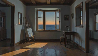 Oil painting of an interior, muted palette, the tradition of Northern European i