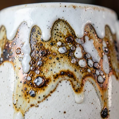 Stoneware mug with winter white glaze and drips like melting snow
