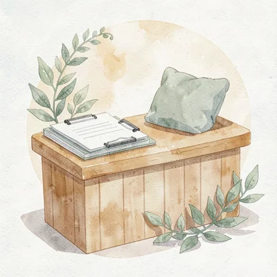 Playful flat-vector tableau of a small clinic counter with stacked clipboards, a