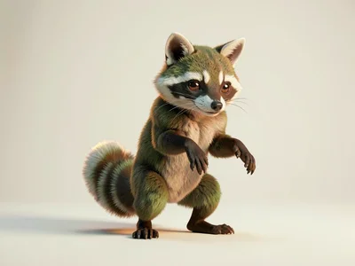 Curious raccoon-thief mid-step on hind legs with forepaws dangling, head cocked 