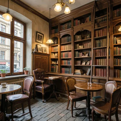 Habsburg café warmth surviving in Lviv, Ukraine, antique bookshop interior with 