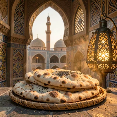 Islamic Cairo geometry, medieval city light, fresh pita bread stacked on woven t