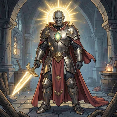 RPG sourcebook illustration, a paladin knight in shining armor, holy symbol blaz