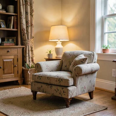 Single dollhouse parlor scene with miniature settee and lamp, warm interior glow