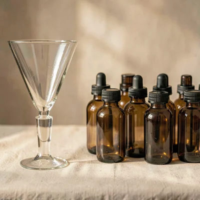 warm still-life of a glass funnel and a row of empty tincture bottles, calm pale