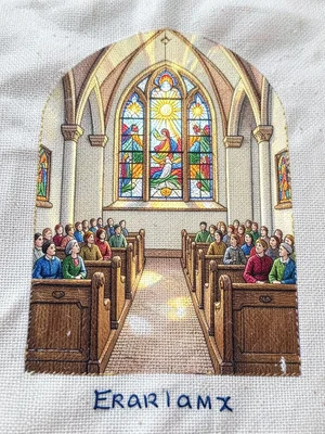 A church interior during Easter service, the congregation in pews stitched as ro