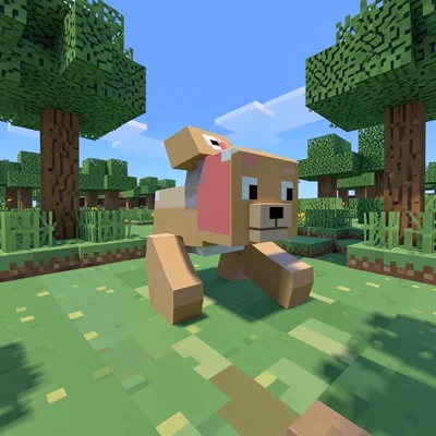 Voxel 3D illustration, cube dog playing in park , cubic voxel construction, bloc