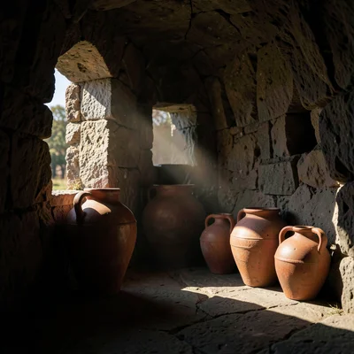 Dramatic natural light streaming through stone openings, deep chiaroscuro shadow
