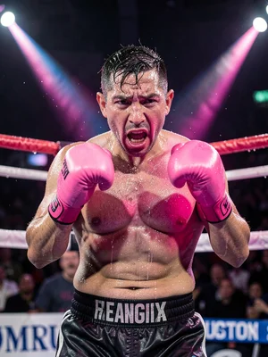 Boxer between rounds, pink gel left magenta gel right, sweat catching both light