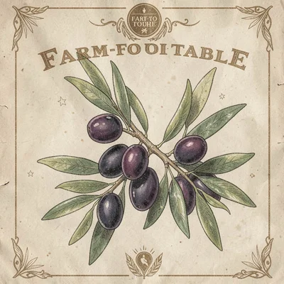 Artisan food packaging illustration, Olive branch with ripe olives , farm-to-tab