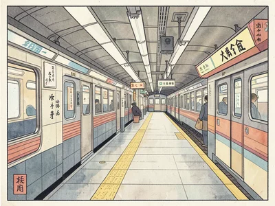 Tokyo subway station rendered in ukiyo-e woodblock print style, flat colors, wav