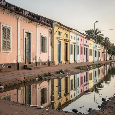 Soft morning light on faded colonial pastels, Saint-Louis Senegal, Row of coloni
