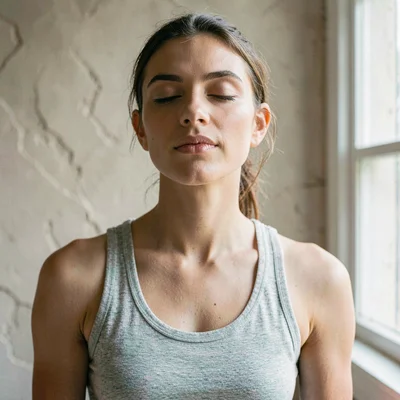 Editorial portrait of a model in heather sage tank, eyes closed, soft window lig