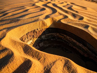 Sand dune cross-section exposed by wind erosion, internal layering visible — old